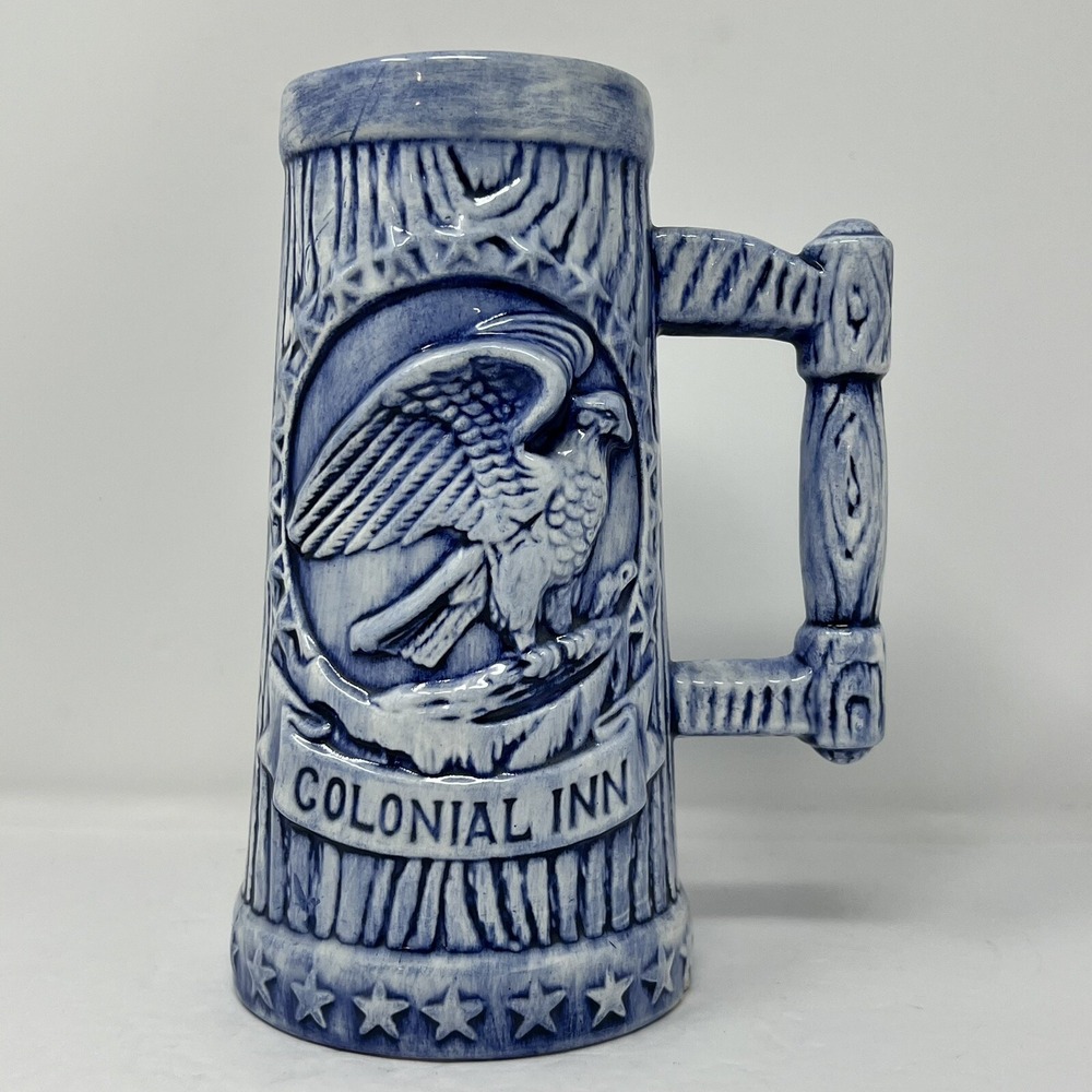 Colonial Inn Ceramic Beer  Stein 1976 24oz 3D American Eagle Stars in Delft Blue
